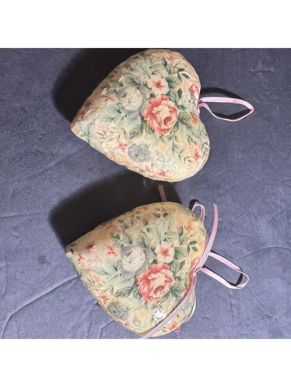 Shabby Chic Floral Heart Ornaments Set of 2 Rose Decoupage Style 4” Pink Ribbon